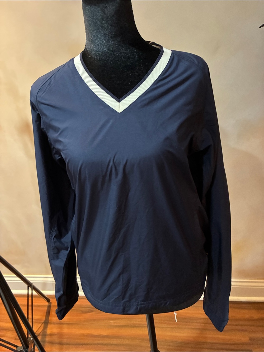Tory Sport Navy V-Neck Long Sleeve Top with White Trim
